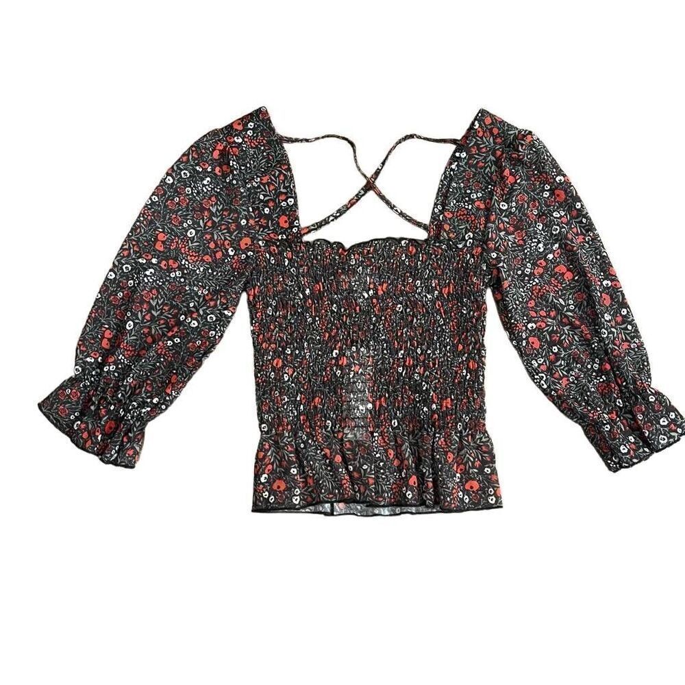 NWT Topshop Crop‎ Top Women's Size 4 Multicolor Floral 3/4 Sleeve Blouse Ruched